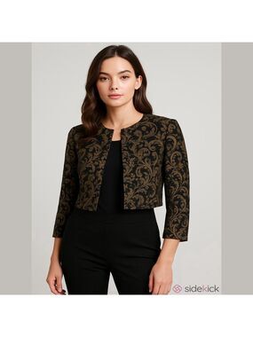 Ann Taylor LOFT Black Gold Brocade Cropped Jacket Size 12